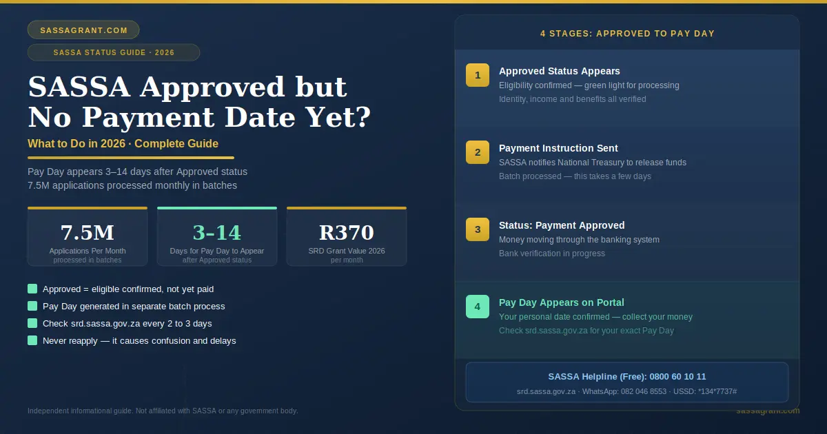 SASSA approved but no payment date 2026 showing 4 stages from approved status to pay day with 3 to 14 day timeline