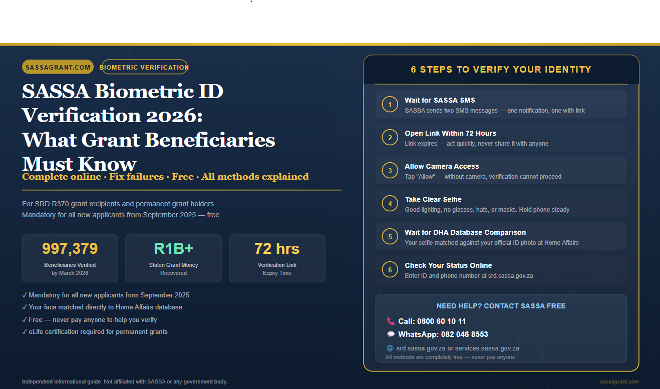 SASSA biometric ID verification 2026 featured guide showing 6 steps to verify your identity online with selfie camera and SASSA contact information