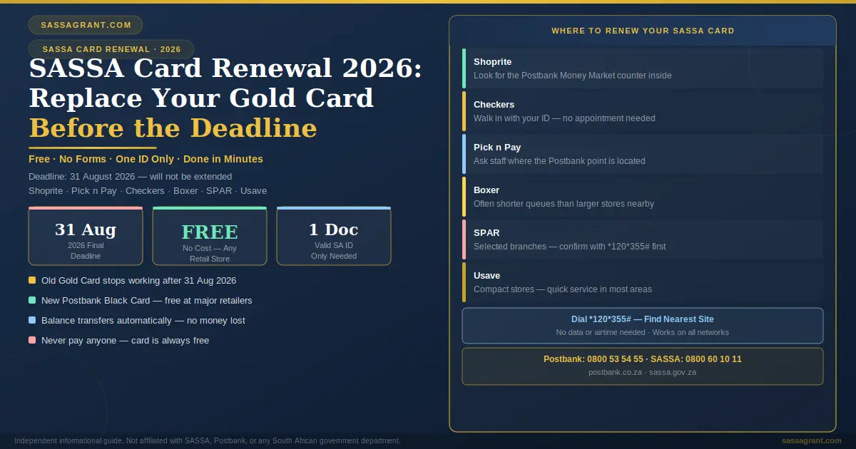 SASSA card renewal 2026 showing how to replace old Gold Card with new Postbank Black Card at Shoprite Pick n Pay Checkers Boxer SPAR and Usave before 31 August deadline