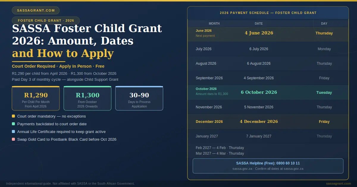 SASSA Child Foster Grant 2026 showing R1290 per child payment schedule from June 2026 to March 2027 with October increase to R1300