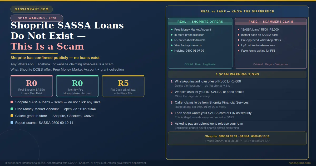Shoprite SASSA loans do not exist scam warning 2026 showing real Shoprite services versus fake scammer claims and 5 warning signs